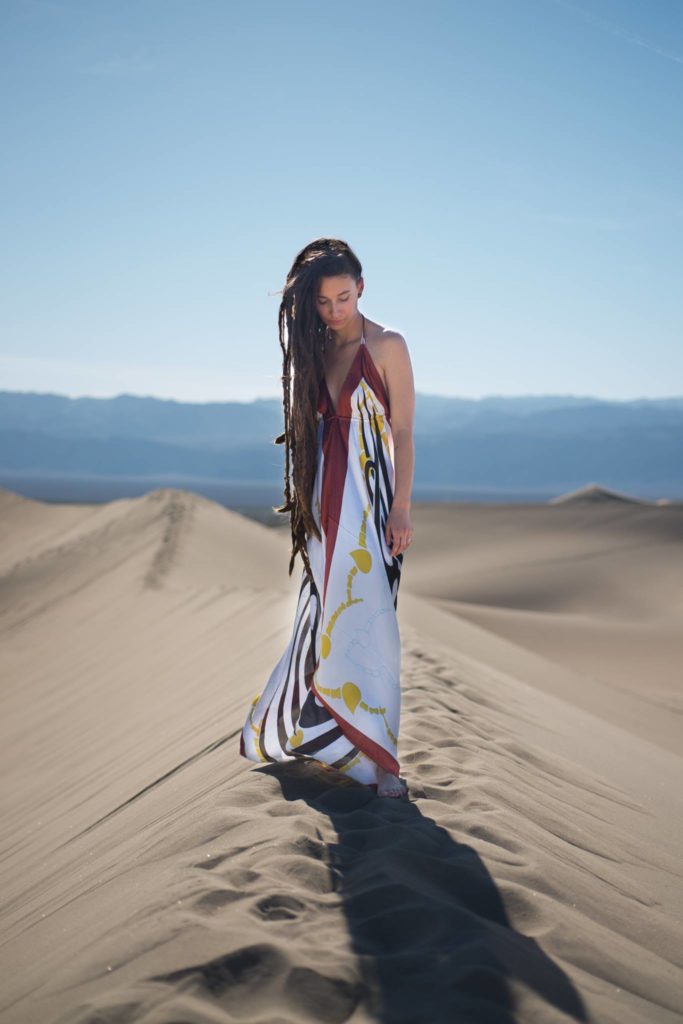 Ilona Barnhart eight and a half year old dreadlocks at the sand dunes in Death Valley National Park